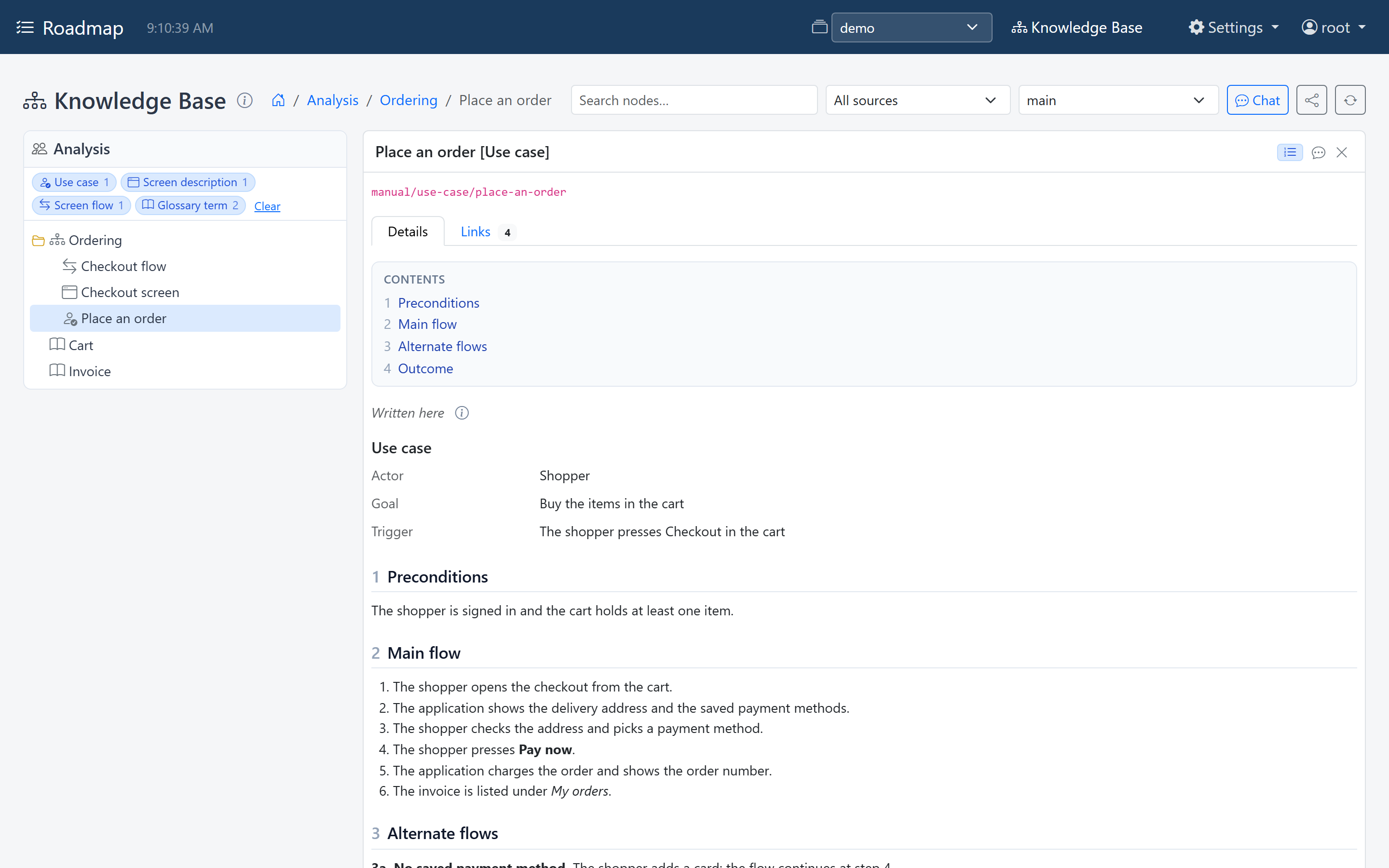 The Analysis lane, with the Place an order use case