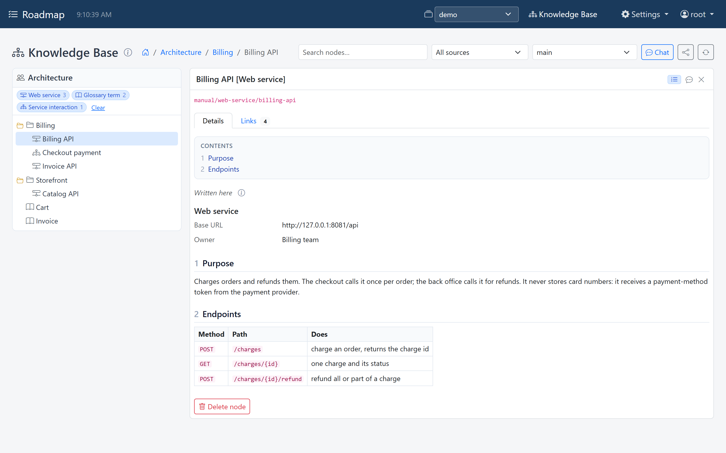 The Architecture lane, with the Billing API web service